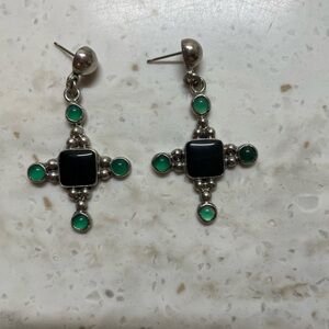 Sterling Silver Black and Green Cross Earrings